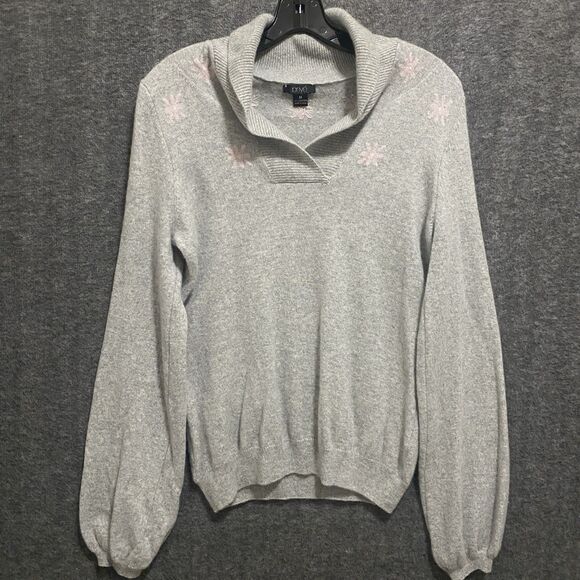 Prive Cashmere Sweater Womens M Gray Pink Floral Shawl Collar Preppy Minimalist - Picture 1 of 9